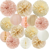 Champagne Beige Paper Flowers Tissue Pom Poms Honeycomb Lanterns 15Pcs Party Decorations For Boho Fall Rustic Birthday Baby Shower Neutral Autumn Wedding Bridal Hanging Decor