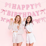 Pink Bow Happy Birthday Banner, Pink Bows Garland Banner Coquette Birthday Party Decorations For Girls Women Baby Showers Bow Theme Party