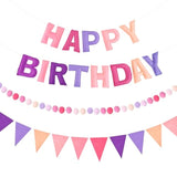 Pre-Strung 3D Happy Birthday Banner, 3 Pcs Pink And Purple Happy Birthday Felt Garland, Pom Pom Garland, Triangle Fabric Bunting, Reusable Purple And Pink Decorations For Girls Women