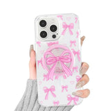 Magnetic Case For Iphone 16 Pro Max, 3D Pink Magnetic Stand Bowknot Phone Case, Cute Pink Clear Bow Aesthetic Design Soft Durable Tpu Transparent Protective Cover For Women Girls-03