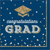 Graduation Party Supply Pack For 18 People | Paper Dinner & Dessert Plates & Napkins | Glittering Grad Design, Blue, Gold, White