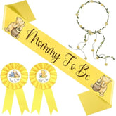 Winnie Mom To Be Sash For Baby Shower Decorations Dad To Be Pin And Yellow Flower Crown Headband Cute Satin Baby Shower Sash For Gender Reveal, Party Favors