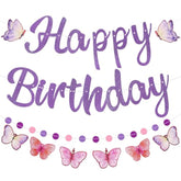 10pcs Purple Birthday Décor Set - Pre-Strung Butterfly Banner & Dot Garland