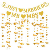 Just Married Party Decorations, Gold Glitter Just Married Mr & Mrs Banner with Heart Garland for Bridal Shower Engagement Wedding Party Decorations Supplies