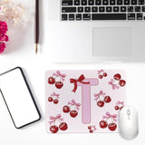 Cute Custom Cherry Mouse Pad, Cute Small Personalized Coquette Pink Bow Mouse Pad For Desk Women Girls, Customizable Initial Mousepads For Laptop, Computer, Office, 9.5X7.9 Inch(Letter T)