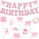 Pink Bow Birthday Decorations: Glitter Banner & Swirls (25 Pcs)