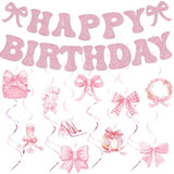 Pink Bow Birthday Decorations: Glitter Banner & Swirls (25 Pcs)