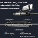 Semi-in-Ear Wired Earbuds with ENC Microphone Call Noise Cancelling,Stereo Bass,Installable Ear Hooks,Clear Calling,Comfortable Fit Wired Earphones