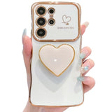 Luxury White Plating Love-Heart Kickstand Phone Case for Samsung Galaxy S26 Ultra, Curly Shape Raised Camera Shockproof TPU Protective Cover with Holder for Women Girls