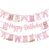 3Pc Coquette Cowgirl Birthday Banners Pink Glitter Boots & Bows Western Decor
