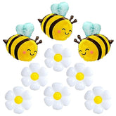 9Pc Bee & Daisy Flower Foil Balloons: Bumble Bee Theme Party Decorations