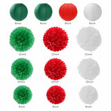Red Green-White Christmas Party Decorations - 20pcs Mexican Italian Paper Lanterns Fans,Tissue Pom Poms,Honeycomb Balls,Bunting,Birthday Mexico Italy Baby Shower Wedding Decor