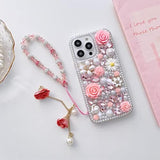 For Iphone 12/12 Pro Bling Case,Luxury Crystal Rhinestone Flowers Glitter Diamond Pearl Women Girls Kids Case Cover With Lanyard For Iphone 12/12 Pro 6.1 Inch
