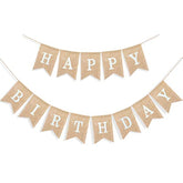 Boho Rustic Happy Birthday Burlap Banner – Neutral Swallowtail Bunting, 2-in-1 Party Decor