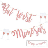 Rose Gold “But First, Mimosas” Banner – Mimosa Bar Sign for Bridal Shower, Baby Shower, Bachelorette, Wedding & Brunch Parties