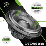 15 Inch Subwoofer D4 2500 Watts Max Power Dual 4 Ohm, 15 Subwoofer Speaker 23.5 mm High Xmax, TPT-T2500-15 D4, 3 in Voice Coil, Competition Sub