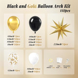 118pcs Black and Gold Balloon Arch Kit for Graduation, Birthday, and Parties