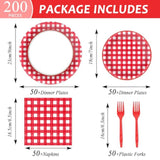 200Pcs Red And White Gingham Plates Napkins Checkered Plaid Paper Tableware Set Cake Dessert Disposable Dinnerware Spring Picnic Party Decoration For Baby Shower Birthday Decor Supplies Serves 50