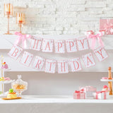 Pink And White Bow Happy Birthday Banner Garland Pink Bow Birthday Party Decorations Coquette Scalloped Embroidered First Party Cake Smash Prop For Women Baby Shower High Chair Decor