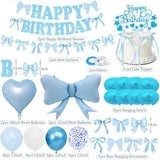 Blue Bow Birthday Decorations, Happy Birthday Banner Garland And Hanging Swirls, 28Pcs Balloons, Cake Toppers, Bow Themed Party Decorations For Girls Women