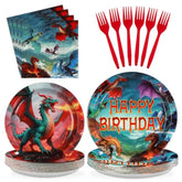 96Pcs Dragon Birthday Party Supplies - Red Fire Dragon Party Plates And Napkins Disposable Dragons Theme Dessert Tableware Set For Kids Boys Fantasy Birthday Supplies Serves 24