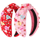 2 Pcs Valentines Day Headband For Women Love Heart Headband Pearl Rhinestone Crystal Jeweled Hairbands Fashion Ladies Hair Band Valentine’S Day Hair Accessories (Red And Pink)