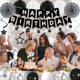 Birthday Decorations Black Happy Birthday Banner Black Balloons Stars Hanging Swirl Streamers 59Pcs Birthday Party Decorations For Men Women Party Supplies