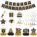 22Pcs Happy Retirement Party Decorations For Men And Women- Black And Gold Banner, Backdrop Card, Sash, Hanging Swirls, Foil Balloons, Honeycomb Centerpieces