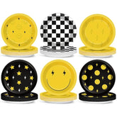 60Pcs Smile Face Birthday Party Decorations 7Inch Yellow Smile Face Paper Dessert Plates Tableware Lightning Star Checkered Dinnerware Party Supplies For Baby Shower Birthday Wedding Favors