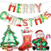 Merry Christmas Balloons Banner Kit - 14 Letters Santa Tree Stocking Foil Balloons For Xmas Party Decor, No Helium Needed Indoor Outdoor Decorations