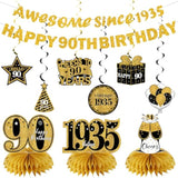11Pcs 90Th Birthday Decorations Kit For Men Women, Black Gold Happy 90Th Birthday Banner, Awesome Since 1935 Centerpieces Swirls Party Supplies, Ninety Bday Banner Ceiling Table Topper Sign