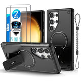 Samsung Galaxy S24 Ultra Case with MagSafe Compatible, 2 Pcs Fingerprint Unlock Glass Screen Protector, Built in Invisible Stand, Shockproof Protective Phone Cover 6.8-inch Black