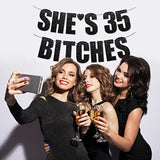 Pre-Strung 35Th Birthday Party Decorations Banner For Women With She'S 35 Bitches Black Glitter Letters Sign For Her