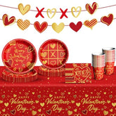 Valentine'S Day Party Supplies Tableware Set Red Heart Love Paper Plates Napkins Cups Tablecloth Banner For Valentine'S Day Party Decorations, Serves 24