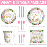 Wild One Birthday Decorations Girl Tableware - Disposable Jungle Safari First Birthday Decorations, Paper Plate, Napkin, Cup, Cutlery, Jungle Animal Theme Wild One Party Supplies | 24 Guests