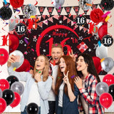 16Th Birthday Decorations For Boys Girls Red And Black, Happy 16Th Birthday Backdrop Banner, 16 Birthday Party Decorations Balloons Triangle Flag Tablecloth, 16 Year Old Boy Girl Bday Party Supplies