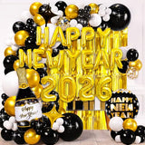 2026 New Years Eve Party Supplies Set, New Year Decorations 2026, Gold Black Party Balloons Supplies Happy New Years Decoration with 2026 Balloons, Happy New Year Banner, Foil Balloons, Fringe Curtain