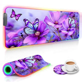 Rgb Gaming Mouse Pad And Coffee Coaster, Xxl Large Glowing Led Mousepad, Anti-Slip Rubber Base, Computer Keyboard Desk Mouse Mat 31.5 X 11.8 Inch - Purple Flowers And Butterfly