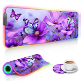 Rgb Gaming Mouse Pad And Coffee Coaster, Xxl Large Glowing Led Mousepad, Anti-Slip Rubber Base, Computer Keyboard Desk Mouse Mat 31.5 X 11.8 Inch - Purple Flowers And Butterfly