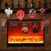 Vintage Halloween Decor Wood Banner 6.56Ft Retro Hanging Banner Garland 9 Pcs Vintage Halloween Bunting Decorations Spooky Pumpkin Black Cat Ghost Witch Bat Owls Horror Party Wall Home Decor