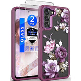 For Samsung S21 5G Case Floral,(?????? ?????? S21 Plus) Military Grade Drop Tested Hard Back & Soft Edge Slim Flower Women Girls Protective Cover + Screen Protector For Galaxy S21(Purple)