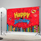 Red spider web 5x3ft backdrop for superhero or city-themed birthday and party photos