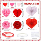 Valentine'S Day Party Decorations Kit Heart Hanging Paper Fans Banner Red Pink Honeycomb Balls Pompoms With Ribbon For Valentines Day Wedding Anniversary Bridal Shower Party Decor