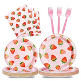 96 Pcs Strawberry Birthday Party Plates Napkins Forks Supplies Summer Fruit Tableware Set Disposable Strawberry Theme Decoration For Girls, Serves 24 Guests