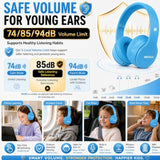 Kids Headphones Bluetooth 5.4 Wireless 68H Play Time Volume Limit 85/94Db Over-Ear Foldable Headset,Type-C Fast Charging,With Wired Aux Mic For Toddler Child Pad Tablet Blue