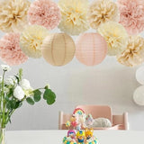 Champagne Beige Paper Flowers Tissue Pom Poms Honeycomb Lanterns 15Pcs Party Decorations For Boho Fall Rustic Birthday Baby Shower Neutral Autumn Wedding Bridal Hanging Decor