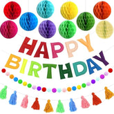 Reusable Happy Birthday Banner, Felt Birthday Garland Pom Pom Party Decor, Plush Tassels, With 10Pcs Honeycomb Balls, Rainbow Pre-Strung Party Celebration Decorations