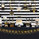 Graduation Hanging Swirl Banner Decorations, Black Gold Silver Star Ba