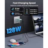 128W USB-C GaN 3-Port Foldable Wall Charger Fast Adapter for MacBook iPad iPhone