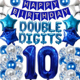 53 Pieces 10Th Birthday Decorations Double Digits Party Balloons Happy Birthday Banner Number 10 Balloons Blue Silver Foil Balloons Latex Balloons For 10 Year Old Boy Birthday Party (Blue)